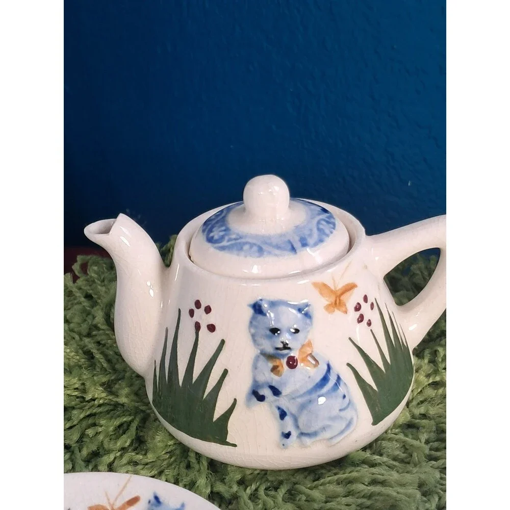 Antique 1920's Cat Tea Set Childs Majolica Tea Pot Saucers Sugar Ceramic